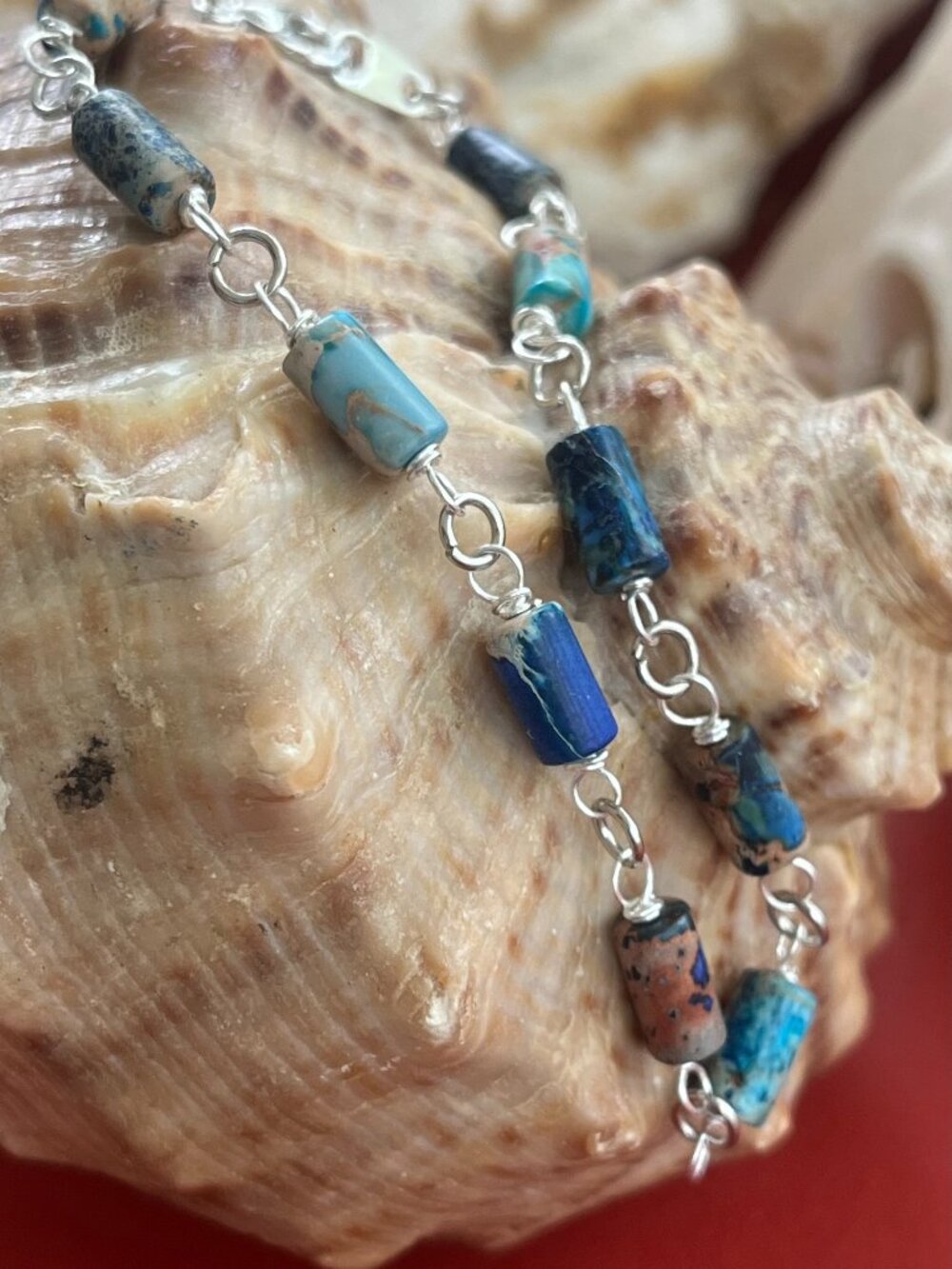 Ocean Blue Sea Sediment Jasper Stacking Bracelet | Silver Gemstone Chain Bracele